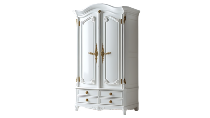 A tall white wooden wardrobe with double doors and drawers at the bottom, isolated on a clean transparent background. Classic furniture design.