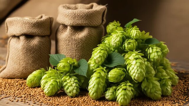 Close-up view of fresh green hops and barley grains in burlap sacks, key ingredients for Oktoberfest beer brewing, displayed on a wooden surface with warm, earthy tones.