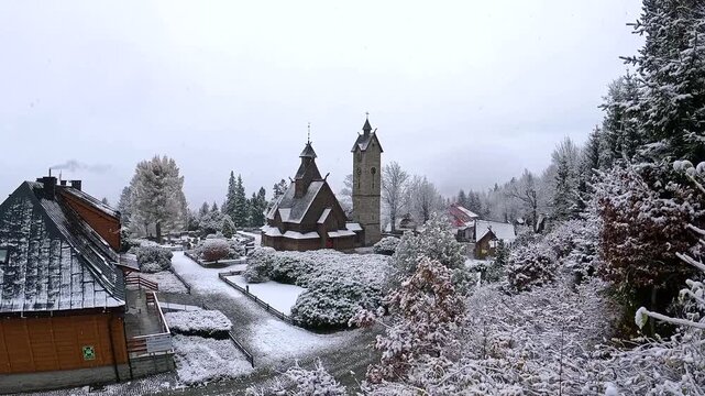 2024-11-2024; winter view wang stave church. Karpacz, Karkonoski National Park, Poland