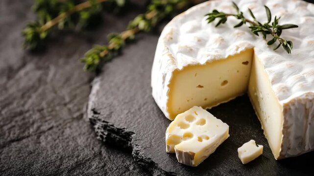 Creamy camembert cheese is presented on a dark slate board, garnished with fresh thyme sprigs