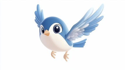Cartoon blue bird flies with outstretched wings against a blank background for childrens' designs