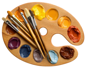 Wooden paint palette with colorful paint blobs, assorted paintbrushes, vibrant art supplies, creative painting tools, and artistic inspiration for hobby or professional use