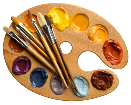 Wooden paint palette with colorful paint blobs, assorted paintbrushes, vibrant art supplies, creative painting tools, and artistic inspiration for hobby or professional use