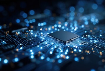 Close-up of a digital circuit board with glowing blue lights and intricate connections