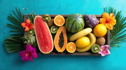 Colorful assortment of tropical fruits in a wooden crate on a teal background