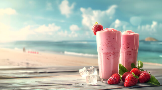 Refreshing strawberry smoothies with fresh strawberries and ice cubes on a wooden table by the beach – tropical summer drink concept.