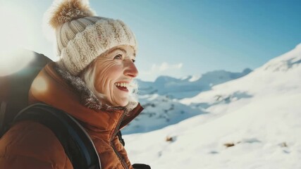 Senior woman hiking smiling in snowy mountain landscape winter adventure - Powered by Adobe
