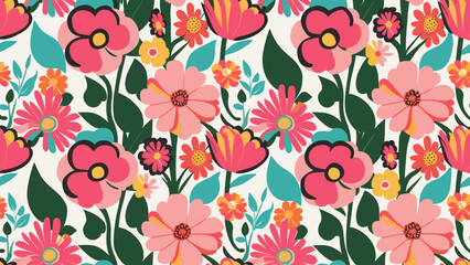 Vibrant Seamless Floral Pattern: Pink, Yellow, Teal Blooms on White, Retro Folk Art Style Botanical Design
