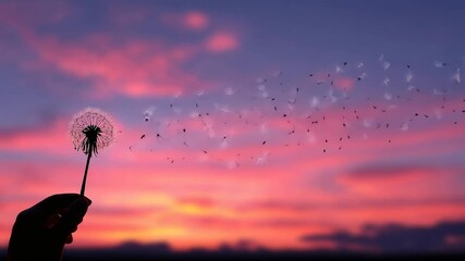 Hand holding dandelion with seeds blowing in the wind against vibrant sunset sky with pink and purple clouds