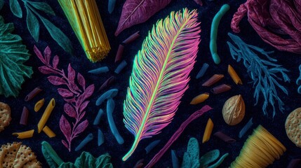 Vibrant feather amidst colorful pasta and leaves
