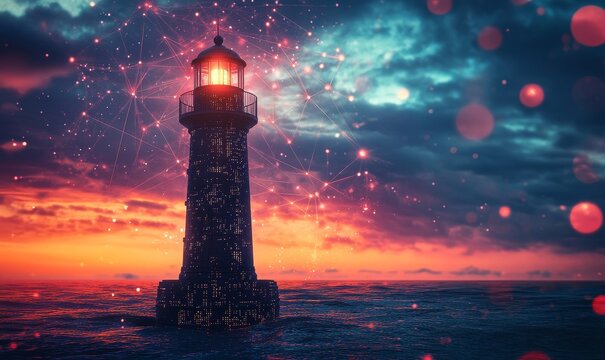 Towering lighthouse in a futuristic, digital world, representing the role of evolving technology in guiding innovation and leadership toward a brighter future, Generative AI