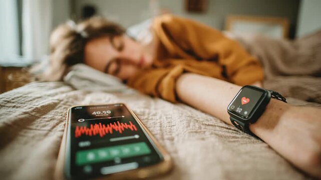 Woman sleeping with smartwatch tracking heart rate and smartphone monitoring near bedside - Powered by Adobe
