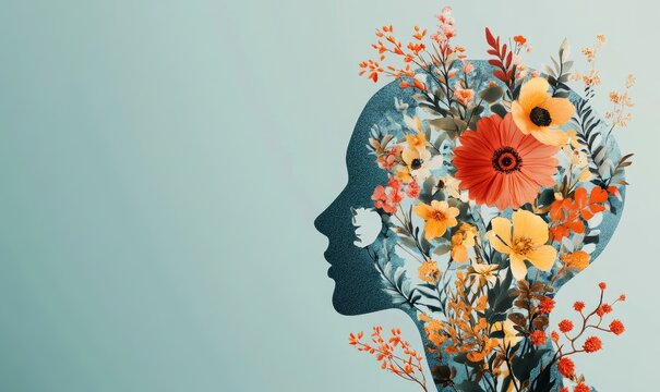Mental well-being concept, with a human head silhouette filled with vibrant botanical motifs, symbolizing the integration of mental health, self-care, and personal growth in a serene, Generative AI