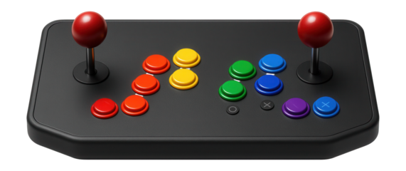 Dual-player arcade panel with twin joysticks and a rainbow array of buttons for competitive gaming