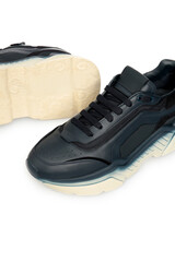 Dark blue color high thick soled women's designer shoe, sneaker, sports shoe. Training unisex fashion boot for female isolated on white background. Footwear, casual streetwear leather shoe.Template