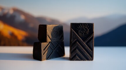 Artisan black soap bars with unique designs on neutral background