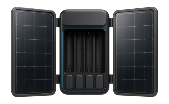 Solar-powered battery charger with foldable panels and detachable battery slots for outdoor gear