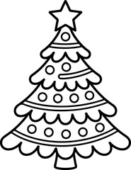 a black and white line art illustration of a stylized Christmas tree adorned with decorative ornaments and garlands