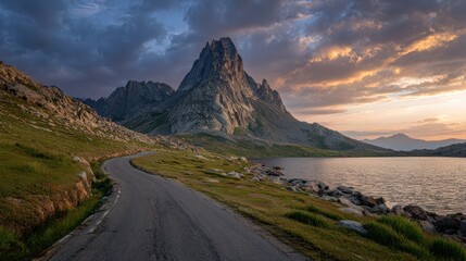 Mountain road at sunset over a lake