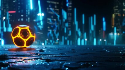 Futuristic glowing soccer ball rolling across digital landscape. Concept of sports technology, tournaments, and modern virtual environments. - Powered by Adobe