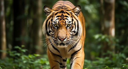 A majestic striped tiger, a formidable predator, emerges with intense focus from the dense jungle, its powerful stride and keen senses dominating the wilderness.