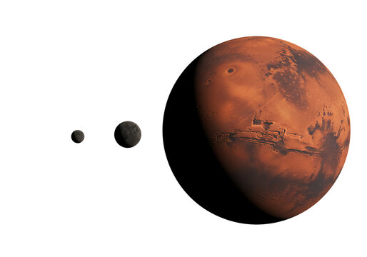Mars and its moons detailed render of the red planet and its satellites in space