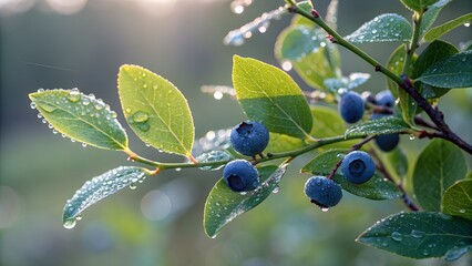 Blueberry bush branch with ripe blue berries and dew drops on green leaves in soft morning sunlight