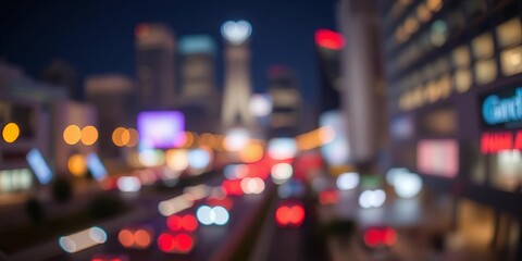 Abstract blurred city lights at night, bokeh effect creates dreamy atmosphere, urban, modern