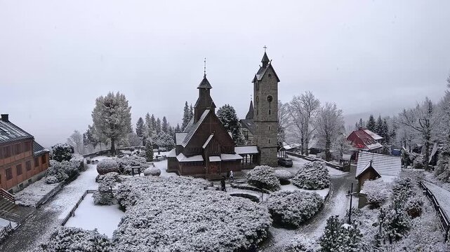 2024-11-2024; winter view wang stave church. Karpacz, Karkonoski National Park, Poland