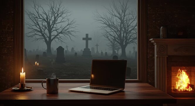 Coffee and laptop on wooden table in cozy room with fireplace and window showing spooky cemetery on Halloween night
Seamless looping, virtual video animation background. Generated AI	