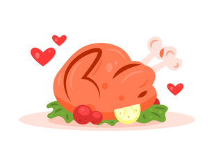 Illustration of a roast turkey dish with vegetables on a plate. A portion of roast chicken. Delicious food. Flat style vector design. Thanksgiving or friendsgiving meal. Side view. White background