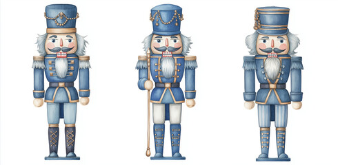 Three blue nutcrackers standing in a row with detailed uniforms and decorative hats on a white background
