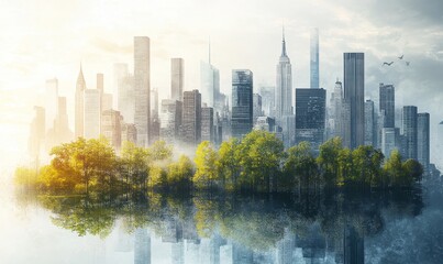 Cityscape merging with nature, representing urban biodiversity and illustrating the potential for harmonious coexistence between urban development and natural ecosystems, Generative AI