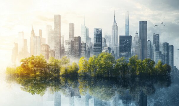 Cityscape merging with nature, representing urban biodiversity and illustrating the potential for harmonious coexistence between urban development and natural ecosystems, Generative AI