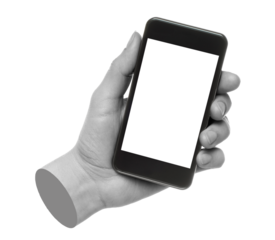Hand holds smart phone, isolated on transparent background, technology and gadgets concept. Contemporary art design