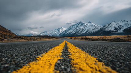 Vast Mountain Road Stretching Toward Snow-Capped Peaks Under Clouds