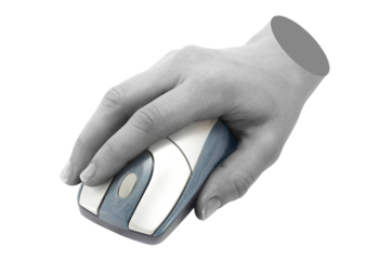Hand holds a computer mouse, isolated on transparent background, technology concept. Contemporary art design