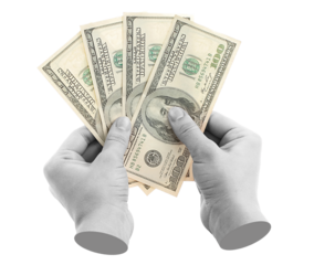 Hand holds US dollars cash bills, isolated on transparent background, business concept. Contemporary art design