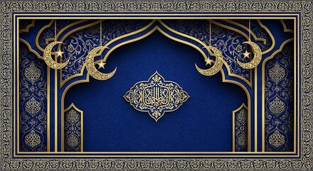 Intricate Islamic Design with Golden Arches, Crescent Moons, and Calligraphy on Blue