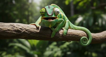 A whimsical green chameleon with a curious expression rests on a jungle branch in a lush, vibrant rainforest.