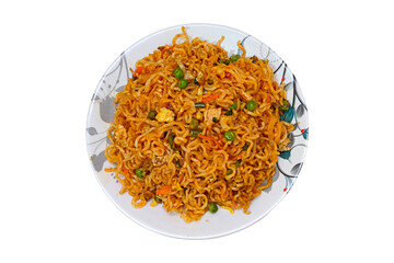 Tasty noodles on white plate isolated white background 
