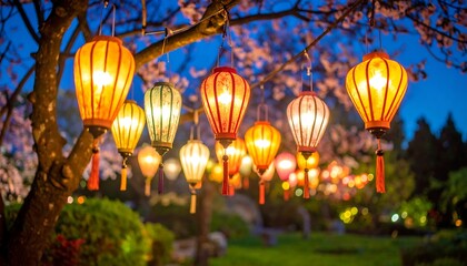 Fototapeta premium Colorful paper lanterns hang from a tree at twilight, illuminated by warm light.