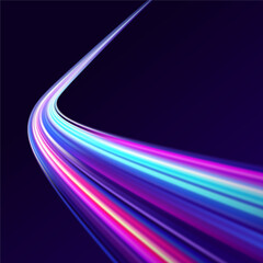 Vibrant neon waves on dark backdrop, ideal for modern design projects. Neon color glowing lines. Electric car and city concept Hitech communication concept innovation background, vector design.	