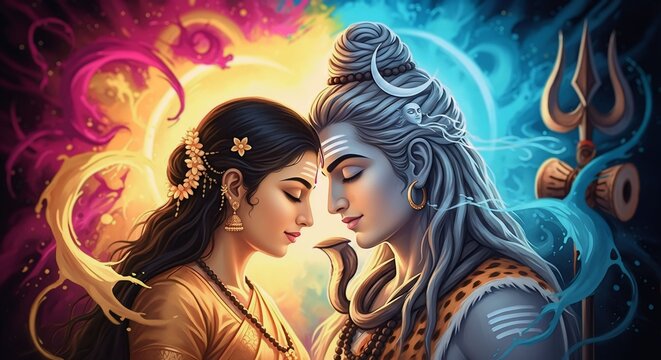 Lord shiva and goddess parvati in a loving embrace with vibrant spiritual energy
