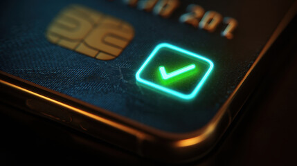 Obraz premium Digital payment technology is represented by close up of smartphone screen displaying credit card with glowing checkmark symbol, indicating successful transactions