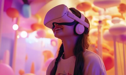 Augmented reality immersion with a user wearing a VR headset, seamlessly blending digital elements with the physical world, providing innovative experiences in gaming, education, Generative AI