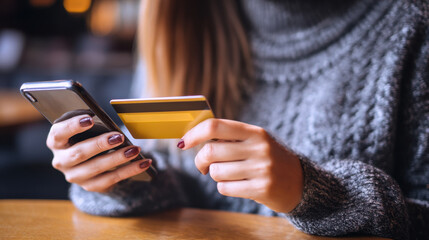 Person is using smartphone while holding credit card, showcasing online shopping or payment. cozy atmosphere is enhanced by warm lighting and casual setting