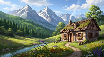 A picturesque cottage nestled in a valley with mountains and a stream under a cloudy sky painting