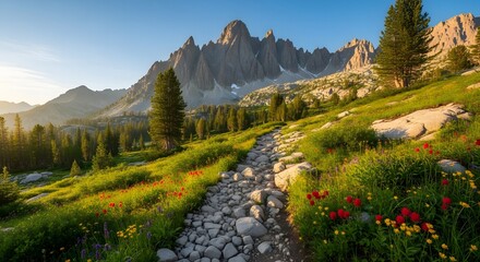 Obraz premium A rocky path leads through a vibrant meadow towards towering mountains under a clear blue sky