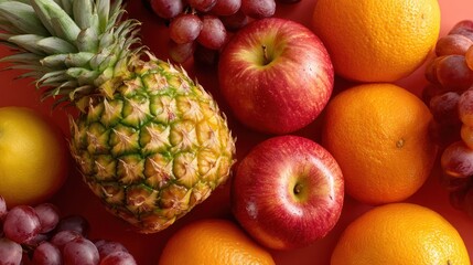Colorful fruit arrangement on a coral background